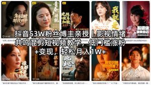 抖音53W粉丝博主亲授｜影视情绪共鸣混剪短视频教学，低门槛涨粉+变现，轻松月入1W+-赚钱驿站