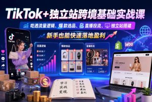 TikTok+独立站跨境基础实战课，吃透流量逻辑、爆款选品、直播投流与独立站搭建，新手也能快速落地盈利-赚钱驿站