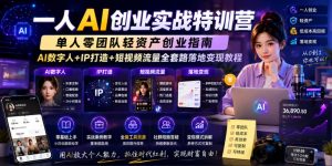 一人AI创业实战特训营,单人零团队轻资产创业指南,AI数字人+IP打造+短视频流量全套路落地变现教程-赚钱驿站