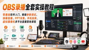 OBS录播全套实操教程|零基础软件入门、精细参数调试、绿幕抠像、手机投屏、虚拟摄像机多平台直播落地课程-赚钱驿站
