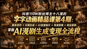 抖音110W粉丝博主十八漫的字字动画精品课第4期：剧本创作+分镜生成+剪辑+商业接单，掌握AI漫剧生成变现全流程-赚钱驿站