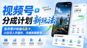视频号分成计划新玩法，当月累计收益4k+，小白可入手操作，详细拆解教学-赚钱驿站