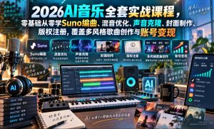 2026AI音乐实战课程，零基础从零学Suno编曲、混音优化、声音克隆、版权注册，覆盖多风格歌曲创作与账号变现-赚钱驿站