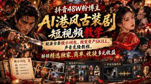 抖音48W粉博主AI港风古装剧短视频教学,配套全套提示词包、视觉资产SKILL、声音克隆教程,解锁精选独家、商单、收徒多元收益-赚钱驿站