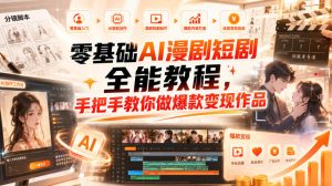零基础AI漫剧短剧全能教程，从AI智能体搭建、文案脚本分镜、多平台AI生视频、剪映精修，覆盖全题材创作，手把手教你做爆款变现作品-赚钱驿站