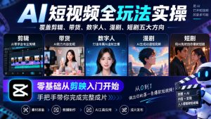 AI短视频全玩法实操，覆盖剪辑、带货、数字人、漫剧、短剧五大方向，零基础从剪映入门开始，手把手带你完成完整成片-赚钱驿站
