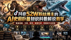 抖音52W粉丝博主的AI史前巨兽知识科普解说教学，覆盖选题、文案、配音、画面生成、剪辑成片全流程-赚钱驿站