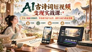 AI古诗词短视频变现实战课:手机+电脑双端制作,零基础学起号运营、创作分成与收徒变现-赚钱驿站