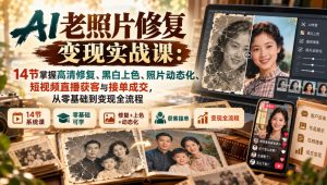 AI老照片修复变现实战课:14节掌握高清修复、黑白上色、照片动态化、短视频直播获客与接单成交,从零基础到变现全流程-赚钱驿站