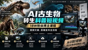 AI古生物转生科普短视频，18W粉丝博主课程，视频文案、剪辑发布全流程-赚钱驿站