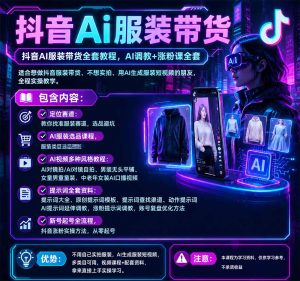 抖音AI服装带货全套教程,不靠真人出镜,利用AI批量制作服装带货短视频,打通选品、AI提示词调教、起号涨粉全流程-赚钱驿站